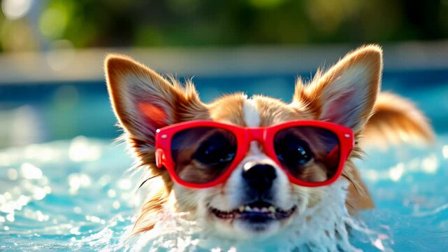 Cute funny dog wearing in red sunglasses floating in swimming pool. Happy pet swim in ocean or sea. Animals play in splashing water. Travel, tropical vacation, summer holiday concept.