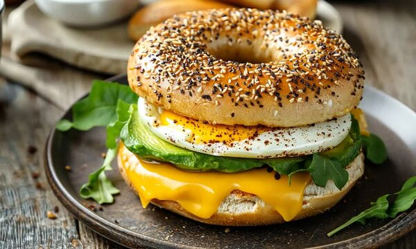 Delicious breakfast bagel sandwich with egg, cheese, and greens