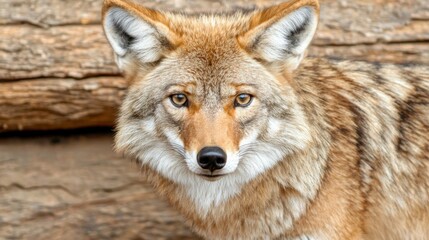 Fototapeta premium A coyote is staring at the camera with its mouth open. The image has a moody and mysterious feel to it, as the coyote's gaze seems to be searching for something or someone