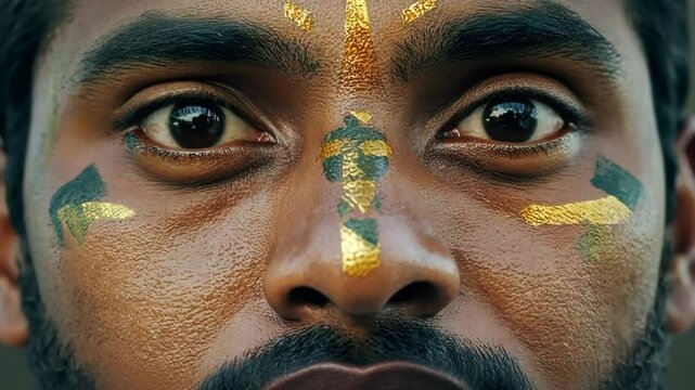 Close-up portrait of a man's face with decorative gold and green body art on forehead and cheeks, intense gaze, textured skin