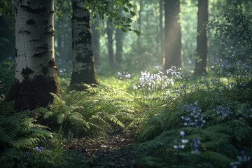 Sunlit forest scene lush greenery, tranquil nature illustration