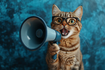 Cat with glasses using a megaphone for attention