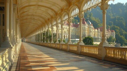 Fototapeta premium Elegant colonnaded walkway leads to a picturesque spa town. Sunlight streams through arches onto a paved walkway, showcasing historical architecture and lush green hills beyond