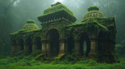 Enchanted Ruins Covered in Lush Greenery Ancient Architecture Blending with Nature Mysterious
