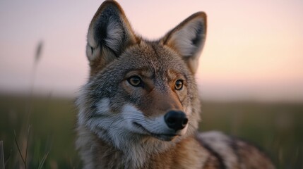 Fototapeta premium A coyote is standing in a field with a bright orange face. The image has a peaceful and serene mood, as the coyote looks content and relaxed in its natural habitat