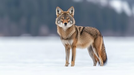 Fototapeta premium A coyote stands in the snow, looking at the camera. Concept of solitude and stillness, as the animal is alone in the vast, snowy landscape. The coyote's gaze seems to be focused on the viewer