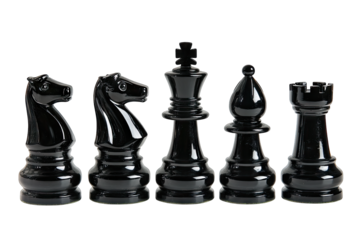 five black chess pieces arranged in a row showcasing a knight king queen bishop and rook these pieces are used in the game of chess emphasizing strategy and skill