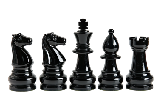 five black chess pieces arranged in a row showcasing a knight king queen bishop and rook these pieces are used in the game of chess emphasizing strategy and skill