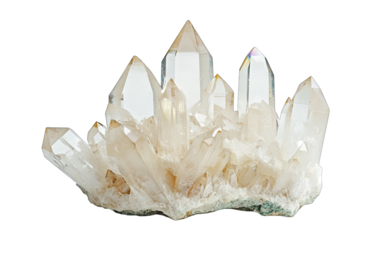 a cluster of clear quartz crystals with pointed tips showcasing a natural formation that highlights their transparency and brilliance ideal for decorative or metaphysical purposes