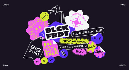 Set sale black friday stickers, patches, labels, tags for shopping. New collection of discounts. Vector set, trendy promo labels