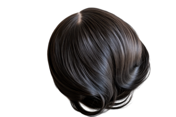 a realistic glossy wig with smooth flowing dark hair emphasizing its texture and styling it serves as a visual reference for hair fashion or wig design