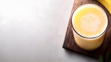 A refreshing glass of creamy banana smoothie sits on a dark wooden board next to a ripe yellow banana ready for a healthy breakfast or snack.