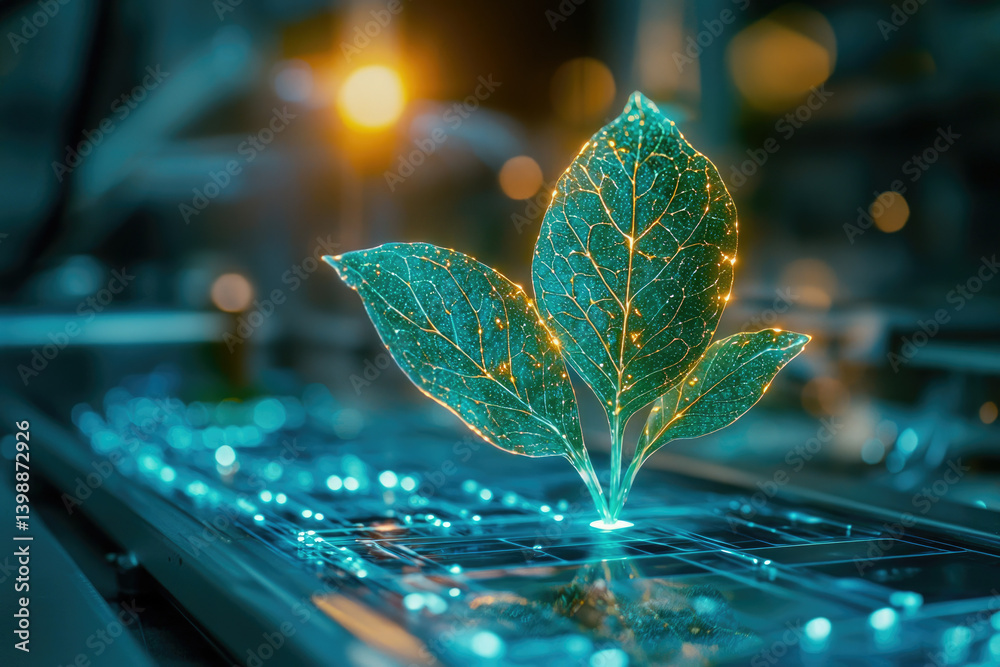 Poster glowing plant sprout emerges from a technological circuit board, symbolizing bio-technology and sust