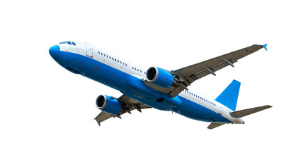 Obraz premium A blue and white airplane is flying in the sky with the black background in the daytime clearly visible