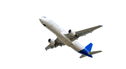 A white and blue airplane is flying diagonally upward against a stark black background in the sky view