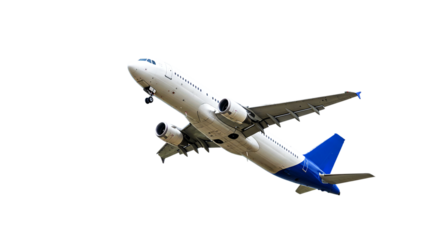 A white and blue passenger airplane is seen taking off against a black background in a clear sky day