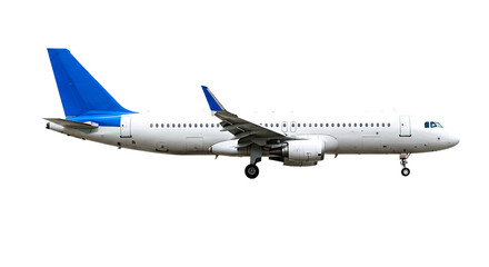 Obraz premium Side view of a white passenger airplane with blue tail fin isolated on a black background in the daytime