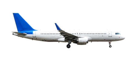 Side view of a white passenger airplane with blue tail fin isolated on a black background in the daytime