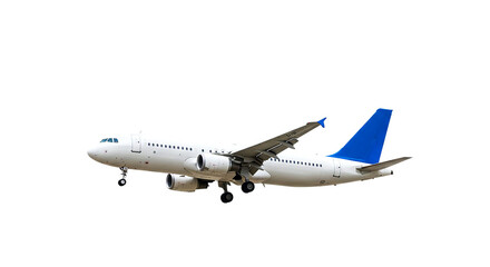 Fototapeta premium A white and blue airplane is flying in the sky against a black background in a side view shot image