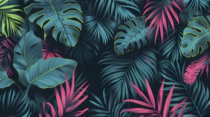 Colorful Tropical Foliage Illustration Featuring Detailed Green And Pink Leaves Against A Dark Background
