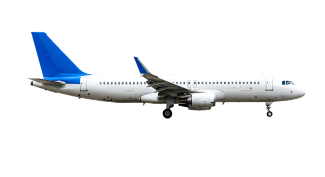 Side view of a white passenger airplane with blue tail fin isolated on a black background in the daytime