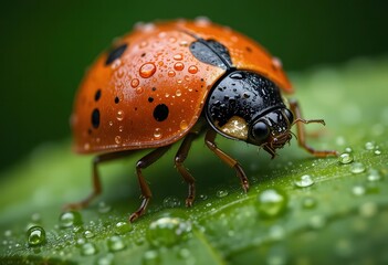 Obraz premium Ladybug on Leaf Covered in Water Droplets Close Up