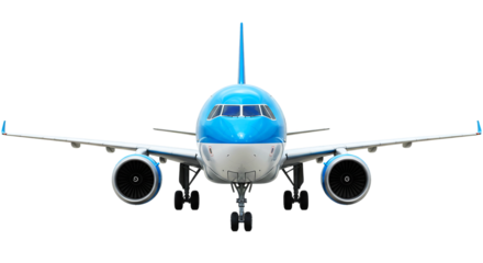 A front view of a blue and white airplane with its wings spread out against a black background space