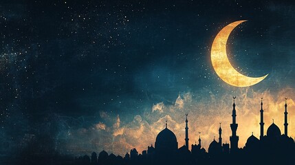 Ramadan background, with ample copy space for text and graphics, night sky with crescent moon and mosque silhouette. Horizontal web banner.