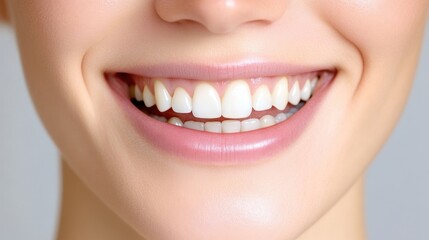 Obraz premium Close-up of a woman's healthy, bright smile. Teeth are pearly white and gums are a healthy pink