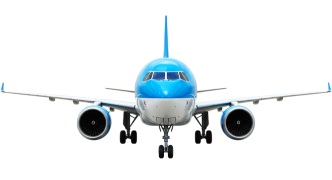 A front view of a blue and white airplane with its wings spread out against a black background space