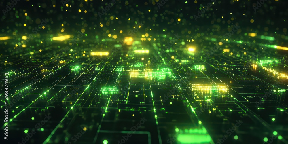 Poster abstract circuit board illuminated with green and yellow lights. a futuristic digital landscape that