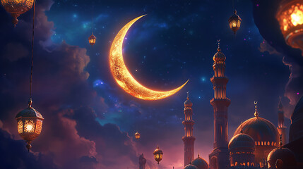 A crescent moon with stars hanging from the sky, surrounded by Islamic architecture and lanterns. Horizontal web banner.