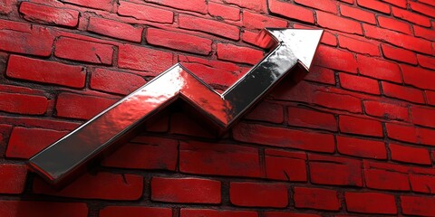 a metallic upward arrow embedded in a brick wall, signifying growth and progress