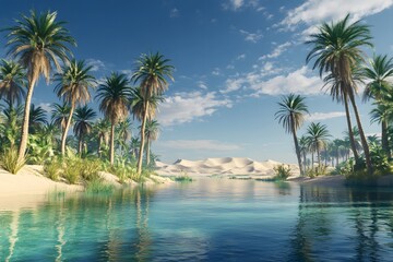 Fototapeta premium Tropical oasis with palm trees and clear water reflecting the blue sky and fluffy clouds above it all