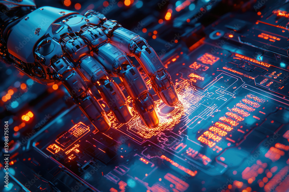 Poster A robotic hand interacts with a glowing circuit board, symbolizing advanced technology and artificial intelligence.