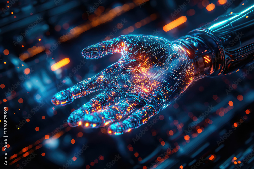 Poster A futuristic robotic hand, glowing with intricate circuitry, extends an open palm, symbolizing technological advancement and connection.