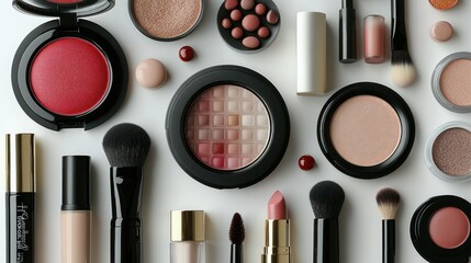 Flat lay of various makeup products.  A selection of diverse makeup items arranged on a white 