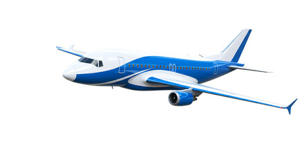 Fototapeta premium A blue and white airplane with visible engine and wings against a black background in side view