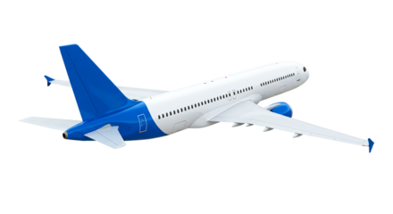 A white and blue airplane is seen from a low angle against a black background in a studio setting