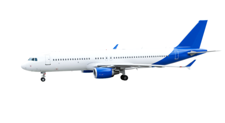 A white airplane with blue accents standing on the tarmac against a black background in side view