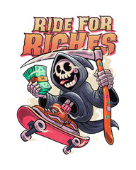 A badass grim reaper skating for cash! Bold, wild, and full of rebellious vibes.