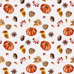 Seamless watercolor autumn pattern with pumpkins, acorns, leaves, and berries in warm earthy tones for seasonal and festive designs.