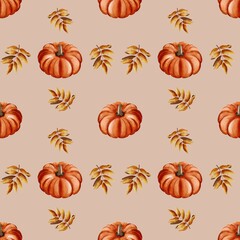 Seamless watercolor autumn pattern with pumpkins, acorns, leaves, and berries in warm earthy tones for seasonal and festive designs.