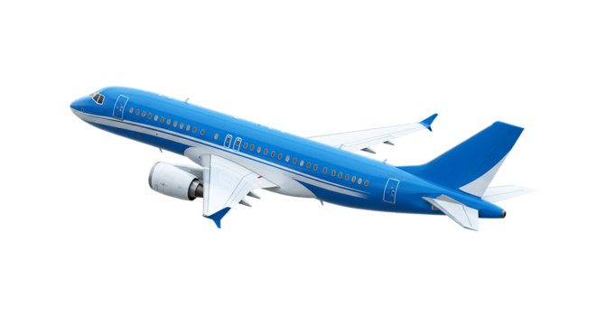 A blue and white passenger airplane is shown against a black background in a side view angle shot