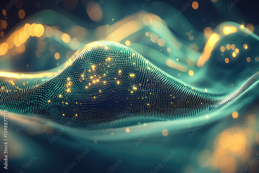 Aufkleber abstract teal wave with golden particles, a digital art depicting flowing data or energy.