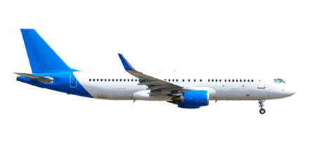 Side view of a white airplane with blue accents on a black background showcasing travel and aviation