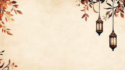 A soft cream Arabic background with lanterns. Ramadan greeting card, horizontal banner for social media, print poster. 