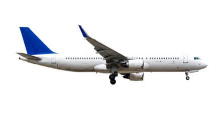Side view of a white passenger airplane with blue tail fin on a black background in a side shot