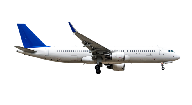 Side view of a white passenger airplane with blue tail fin on a black background in a side shot