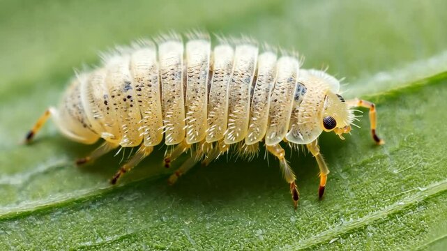 Detailed macro shot of pale yellow isopod walking on a vibrant green leaf with intricate details and textures of insect's body, legs, and leaf surface.